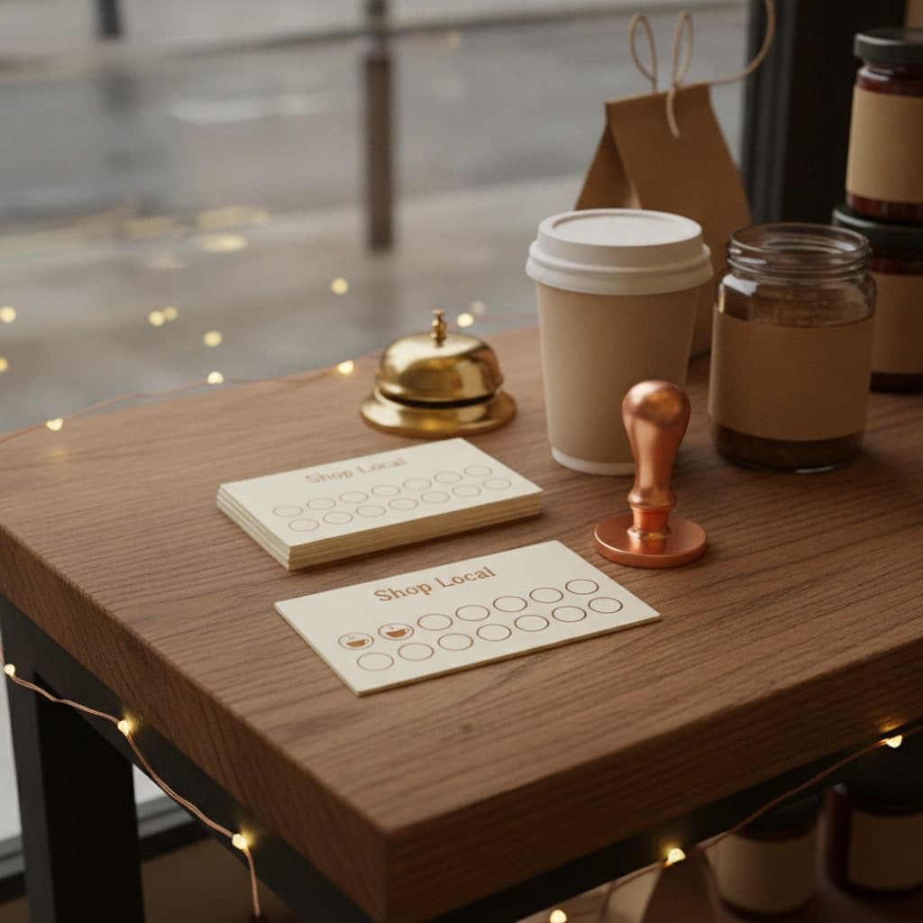 Small Business Saturday loyalty stamp cards on an oak shop counter with a copper stamp and takeaway coffee