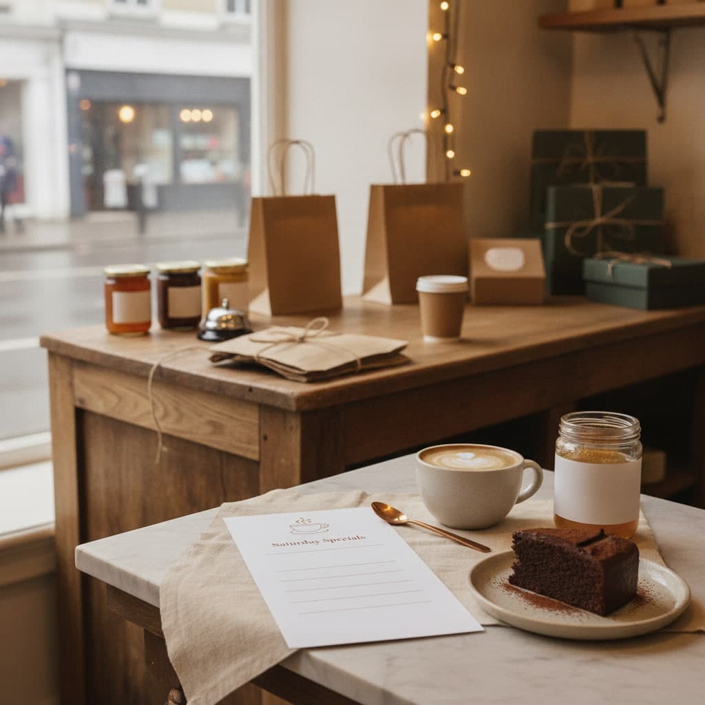 Small Business Saturday café menu reading Saturday Specials on laminated silk beside a flat white and cake