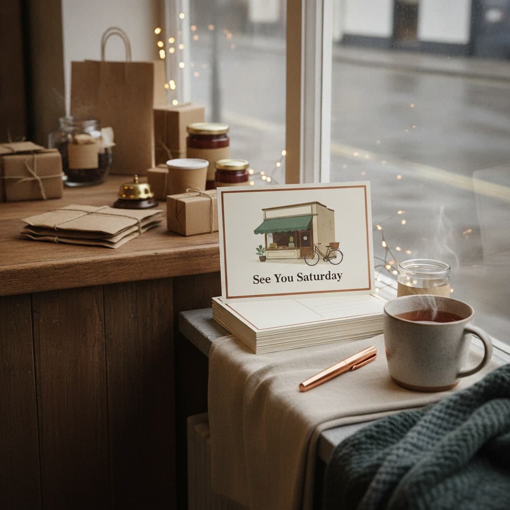 Small Business Saturday postcards on thick silk board stacked on a slate windowsill beside a mug of tea