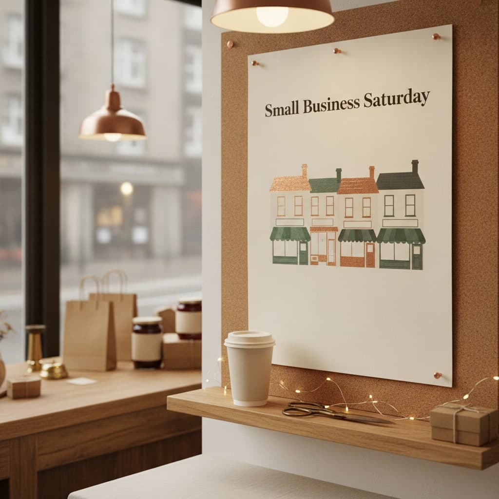 Small Business Saturday poster on thick silk pinned to a café noticeboard with copper drawing pins