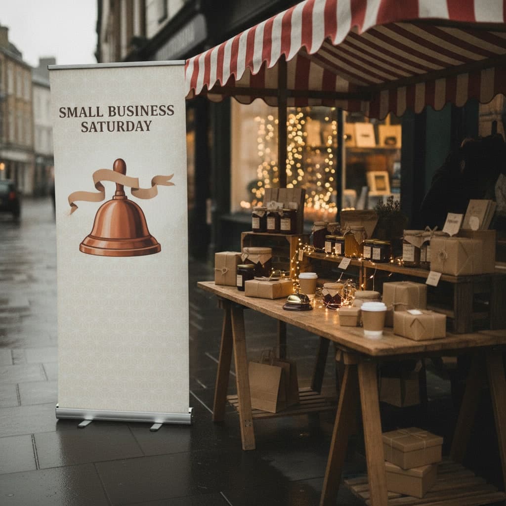 Small Business Saturday roller banner standing on its base beside a market stall under a striped awning