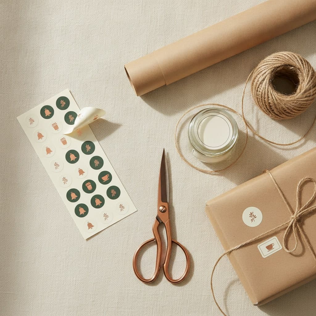 Small Business Saturday sticker sheet with small copper motifs beside kraft gift wrap, twine and scissors