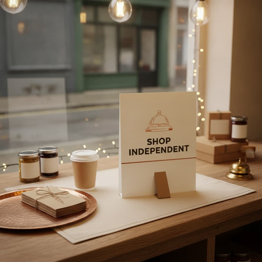 Small Business Saturday strut card standing on an oak counter, its cardboard strut visible at its base