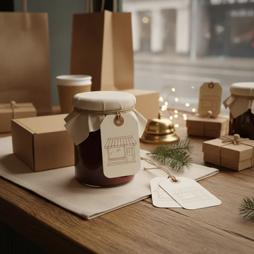 Small Business Saturday swing tags with a drilled hole and twine tied to a jar of preserve beside a kraft gift box