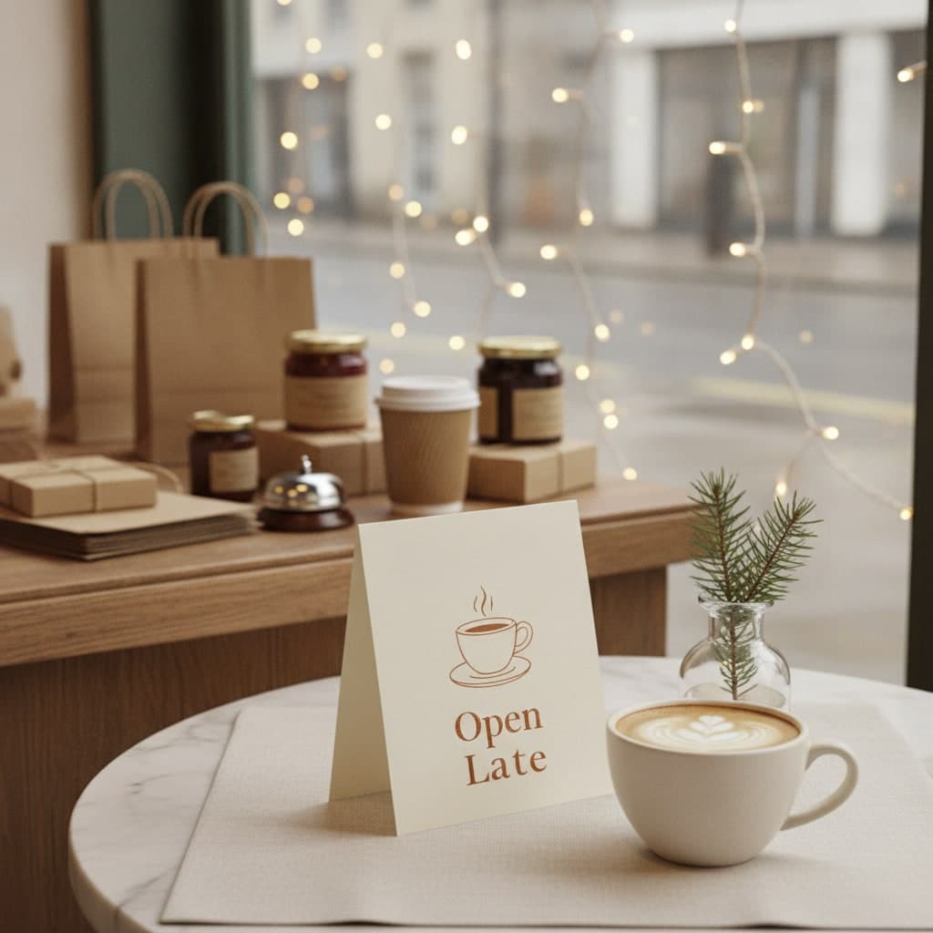 Small Business Saturday tent card reading Open Late on a marble café table beside a flat white