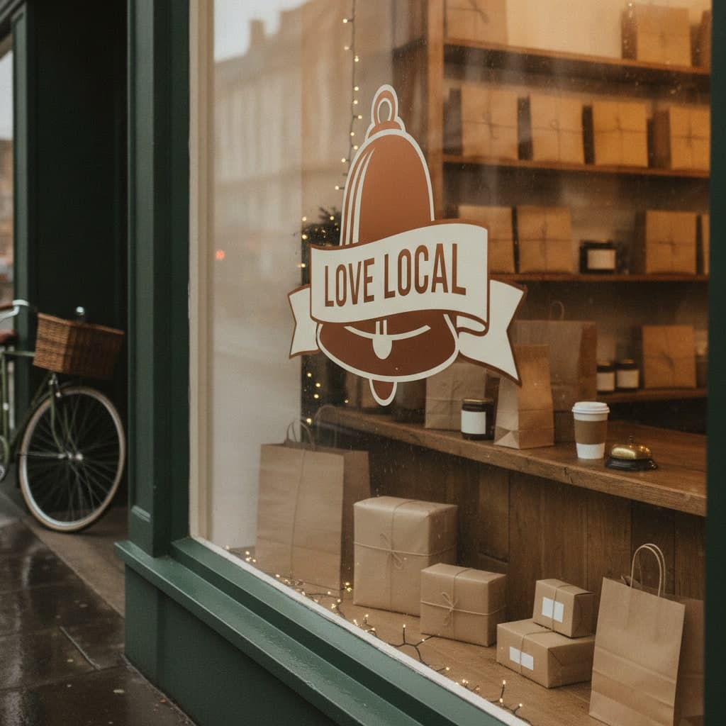 Small Business Saturday vinyl window sticker reading Love Local on a shop's plate-glass window on a wet December street