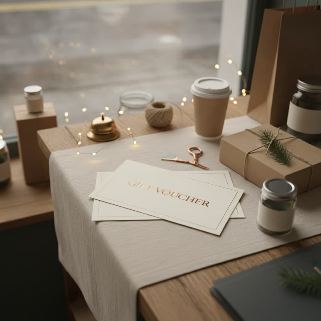 Small Business Saturday gift vouchers with perforated stubs beside a kraft gift box tied with twine, overhead