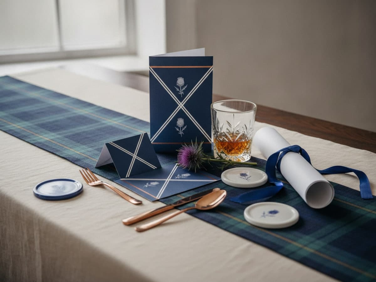 St Andrew's Day dinner and ceilidh print on a tartan runner: menu, place card, tent card, drink tokens and a rolled poster beside a thistle