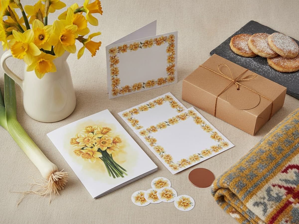 St David's Day printing on cream linen: eisteddfod programme, certificates, a folded card, swing-tagged Welsh cakes and daffodils