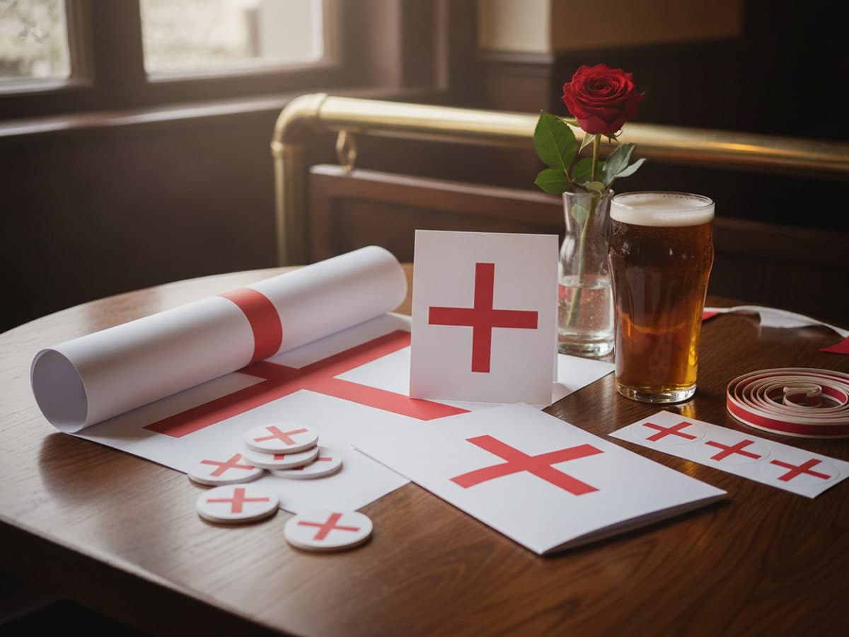 St George's Day printing for the pub, fair and school: poster, tokens, programme, tent card and stickers on an oak pub table