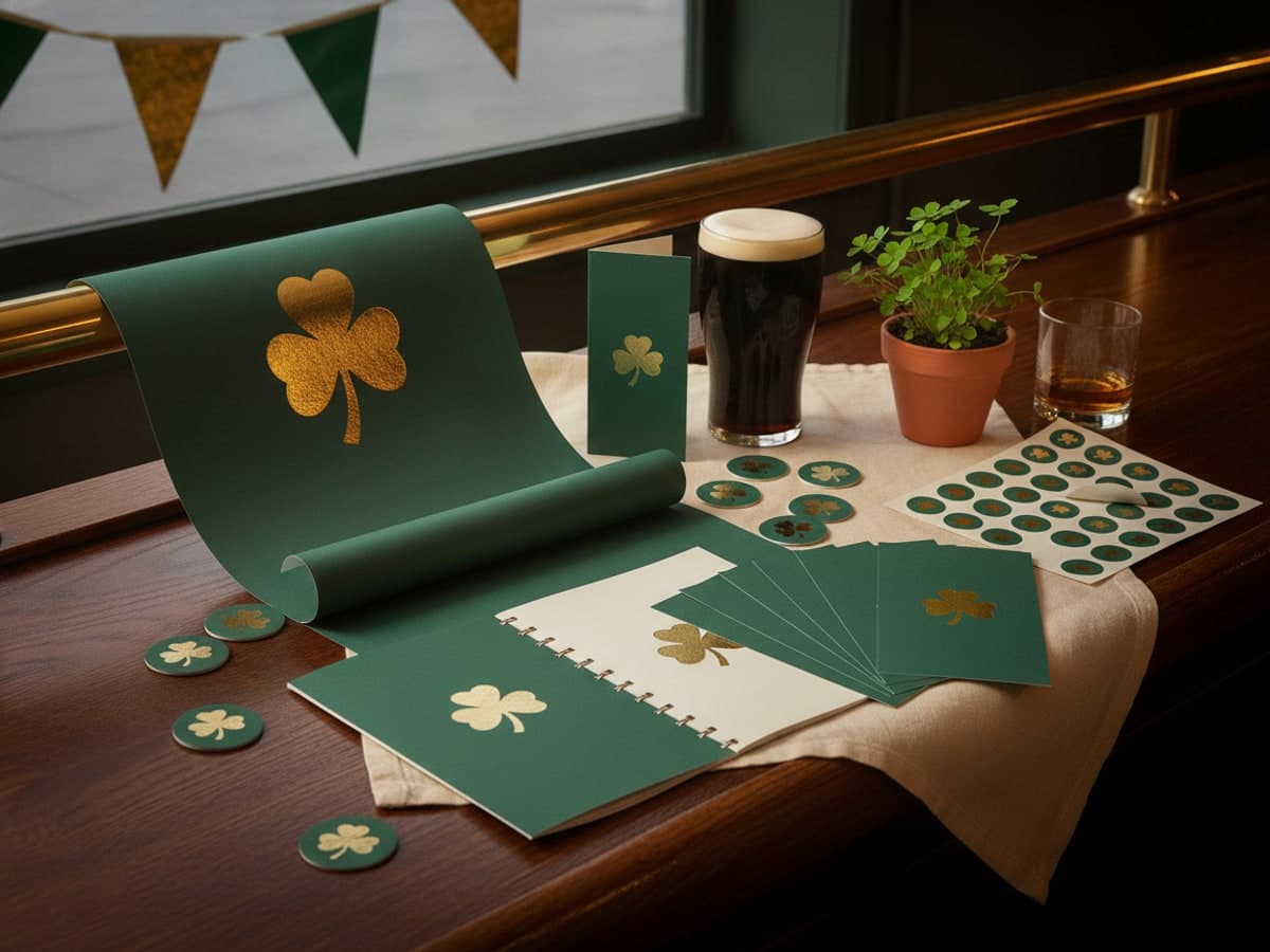 St Patrick's Day printing for the pub: posters, tent cards, drink tokens, flyers and a programme on a dark oak bar beside a pint