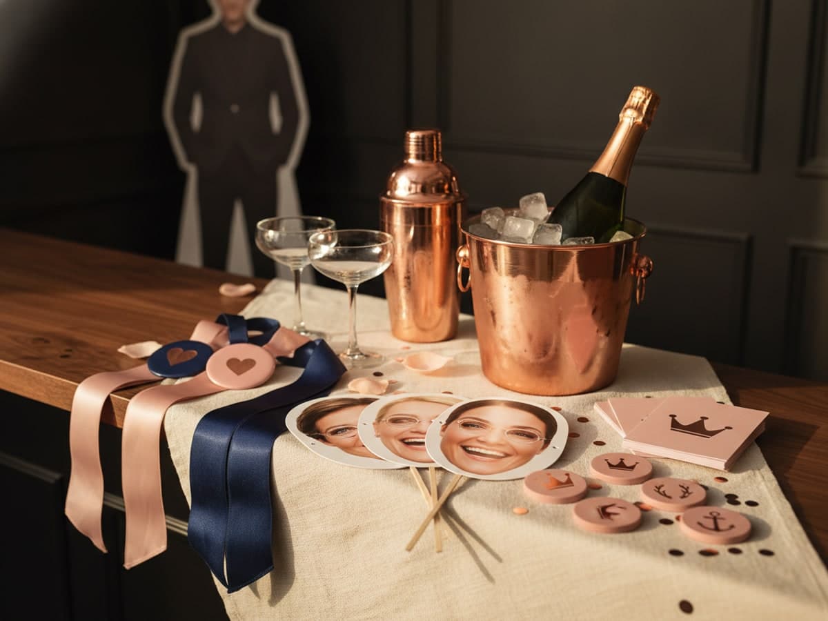 Photo face masks, drink tokens, party game cards, name badges and satin sashes for a hen or stag do beside cocktail glasses on cream linen
