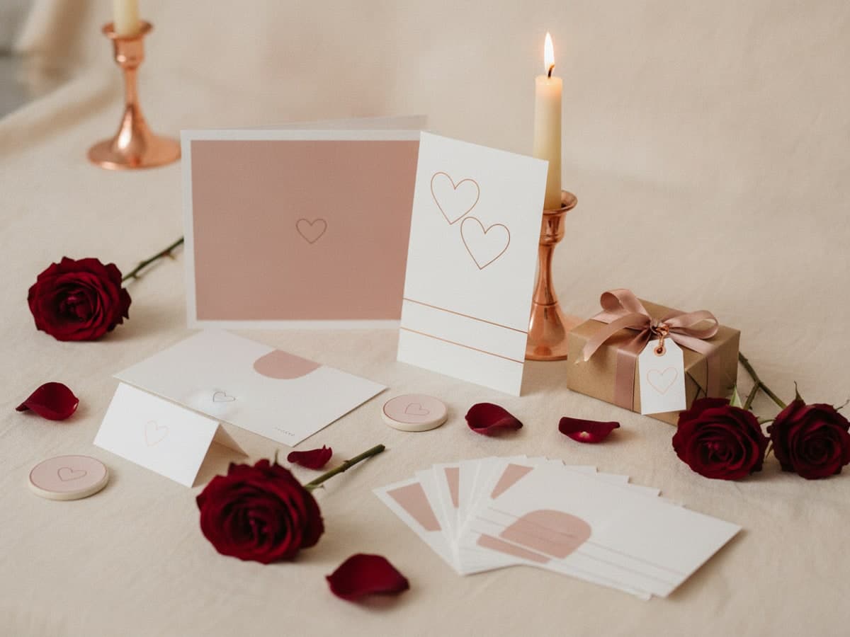 Valentine's Day printing for cards, menus, tags and drink tokens laid out with red roses and blush ribbon on cream linen