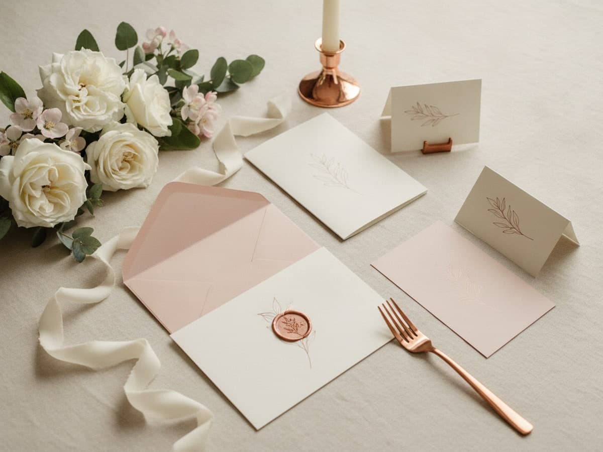 Wedding invitation, save-the-date, place cards, order of service and table card on cream linen with copper wax seal, roses and blossom