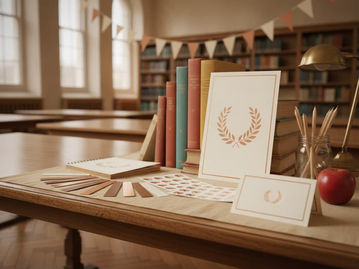 World Book Day printing for schools: bookmarks, class anthology booklets, reward stickers and a reading certificate on a library table